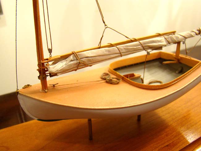 A contemporary scratch built model of a Beetle Catboat in 1:24 scale by Cape Cod model builder Tom Lauria